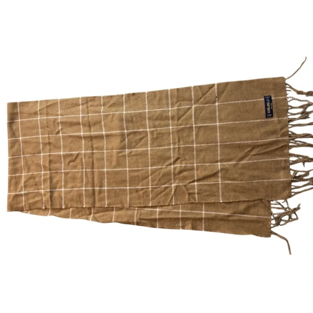 Chelsey II Wool Scarf Camel Brown White Windowpane Plaid Fringe Made in Germany